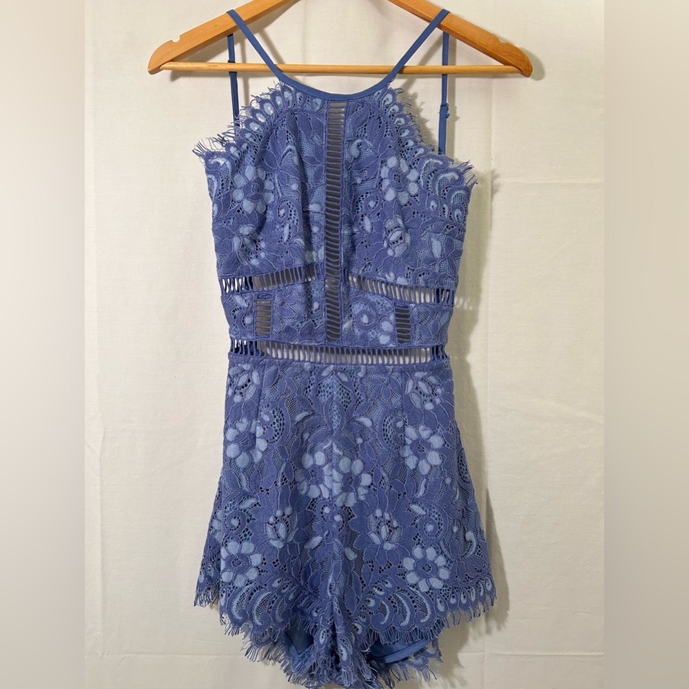 NBD Alijah Revolve Backless Blue Lace Romper Size Small
